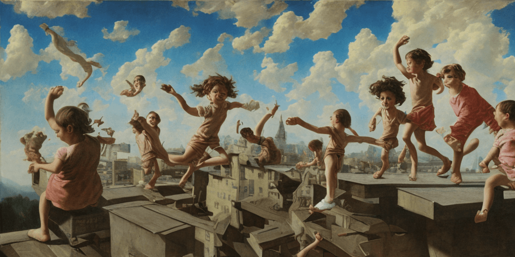 AI generated: children playing on rooftop, neo rauch, painting with incomparable reality, intricate details