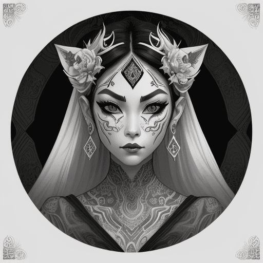 AI generated: a woman with green eyes and tattoos, in the style of intricate black and white illustrations, fantas...