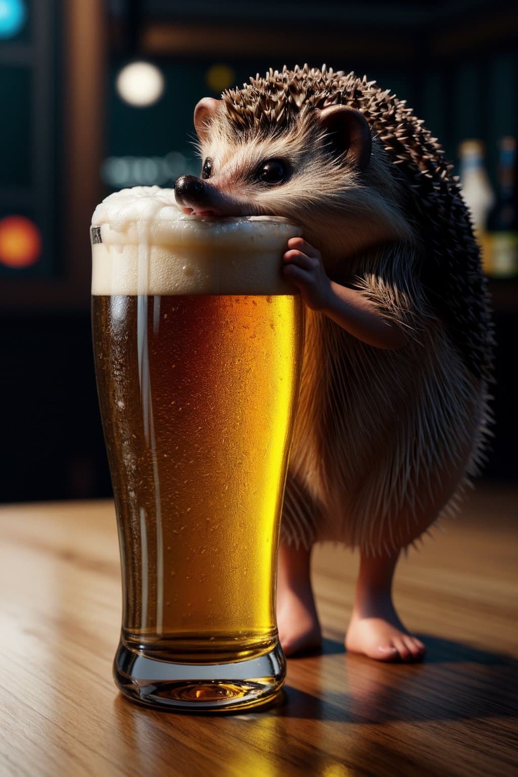 AI generated: cute hedgehog with beer, cinematic, hyper realism, high detail, octane render, 4k <lora:add_detail:0...