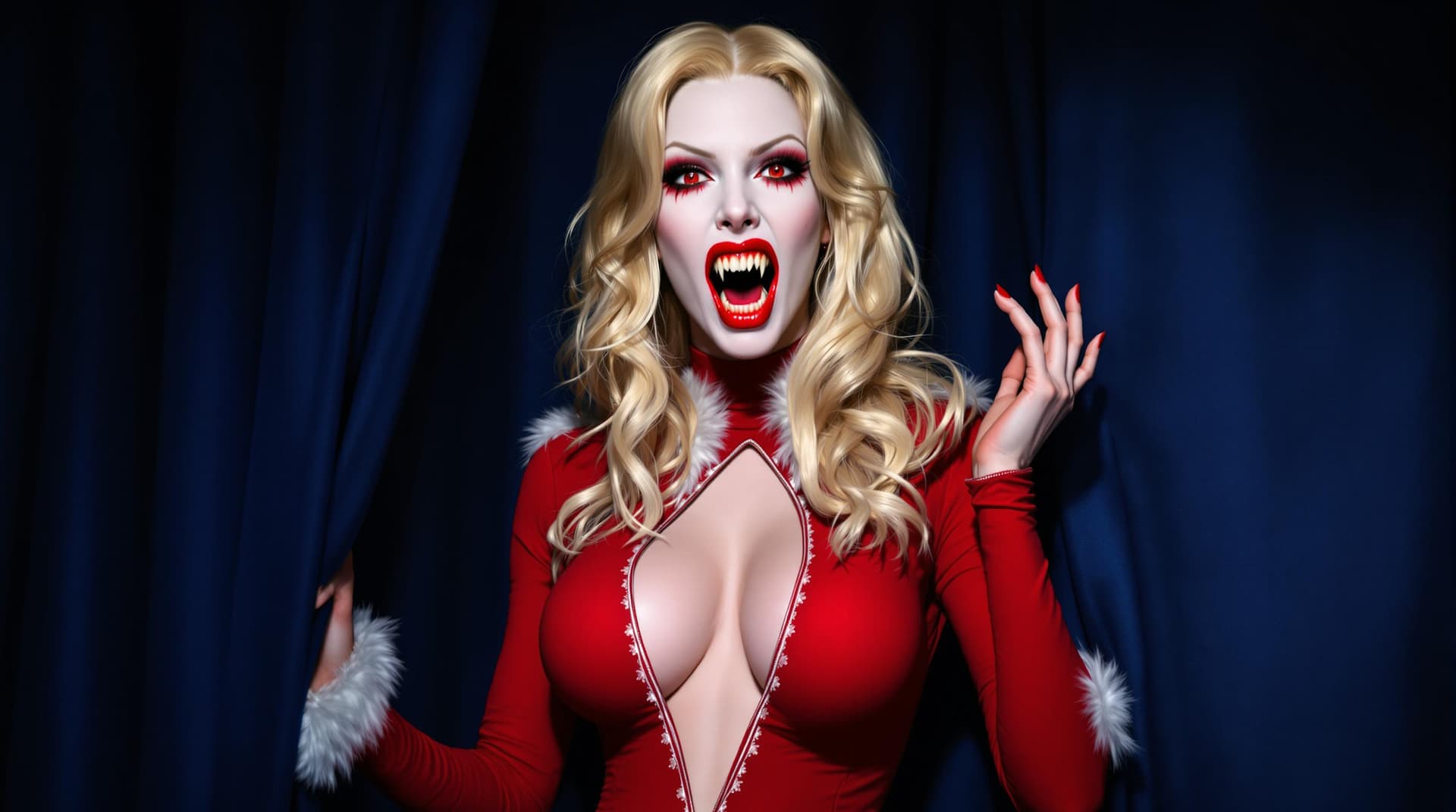 AI generated: a vampire woman with enormously long incisors, pale skin, red eyes, and long blonde tresses. The wom...
