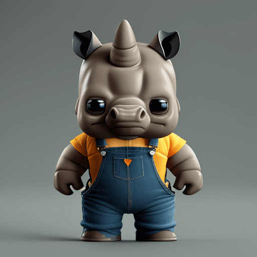 AI generated: cute strong rhino wearing overalls, small smile, funko pop render, big head, small body, hands in po...
