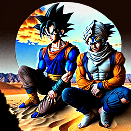 AI generated: Goku and Vegeta as Iranian terrorists, dressed as al qaeda members in a clay hut in the desert.
