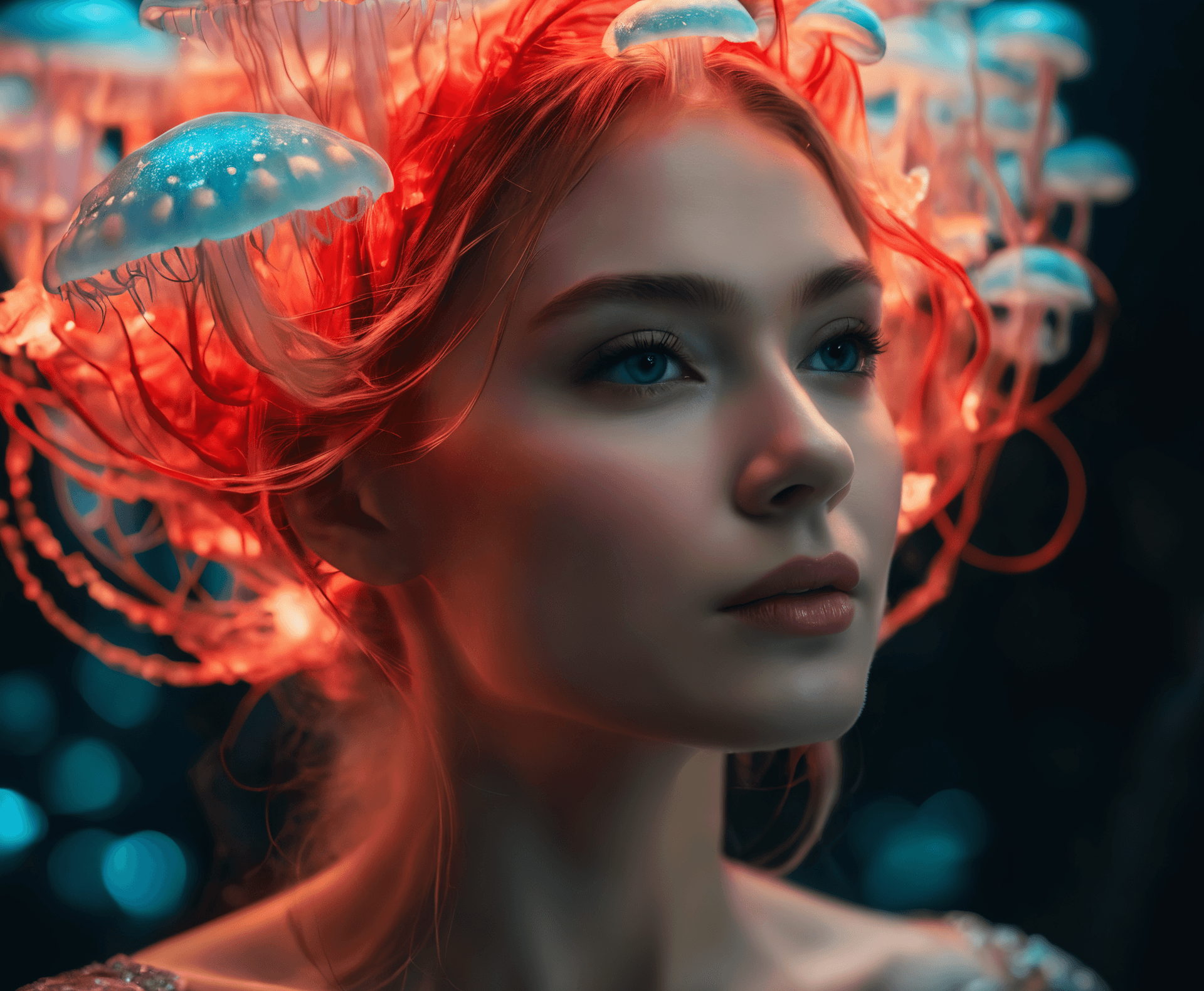 AI generated: Portrait close up photo of an bioluminescent lifeform princess based on Elsa jellyfish with fungus a...