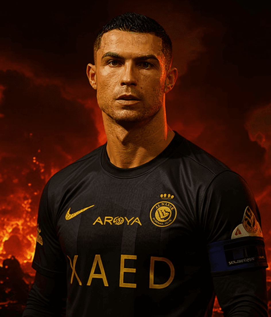 AI generated: create a hellhole landscape, dystopian end of the world with Cristiano Ronaldo as its only king
