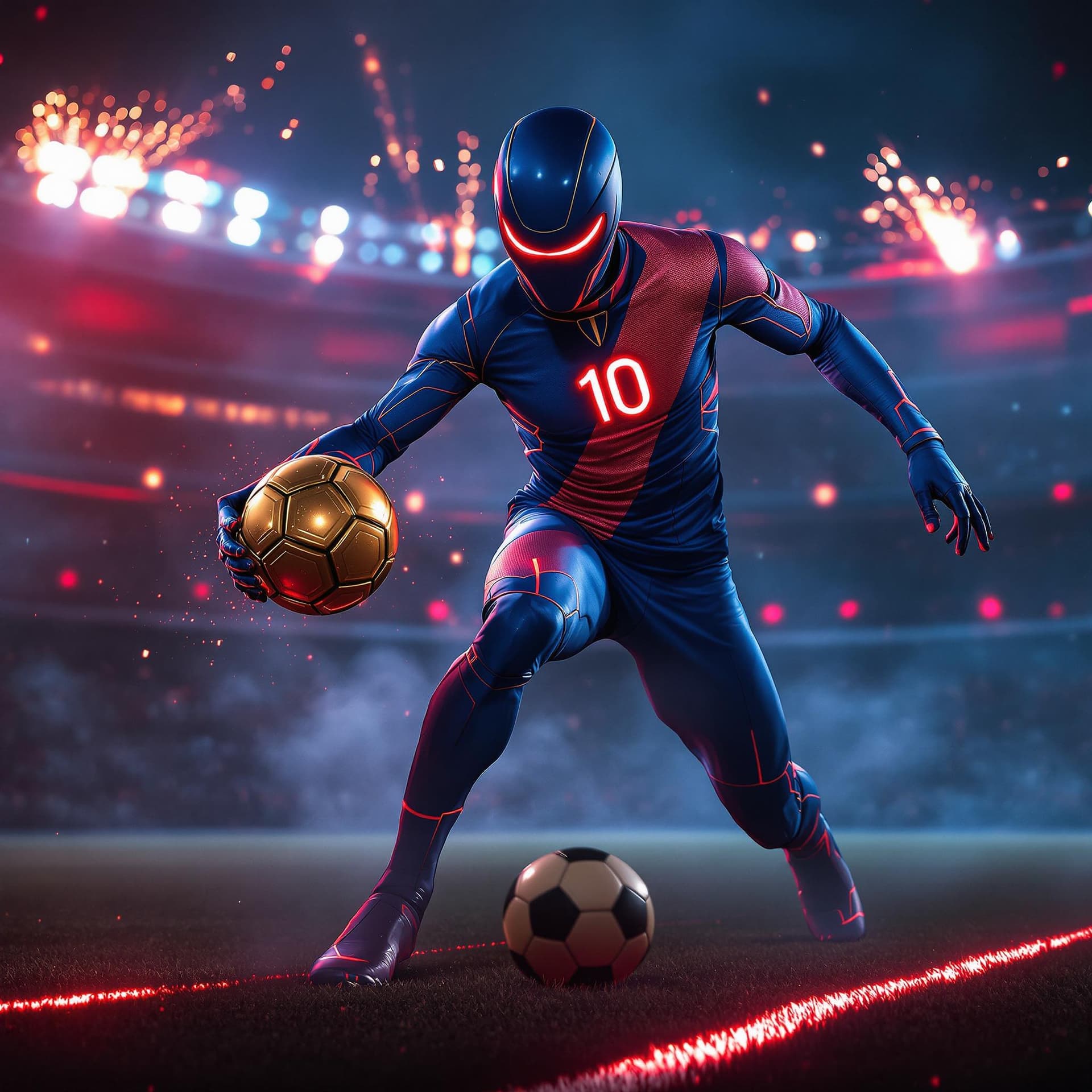 AI generated: FUTURE SOCCER PLAYER IN A TIGHT BLUE RED SUPERHERO SUIT WITH A FACE MASK AND THE NUMBER GLOWING TEN ...