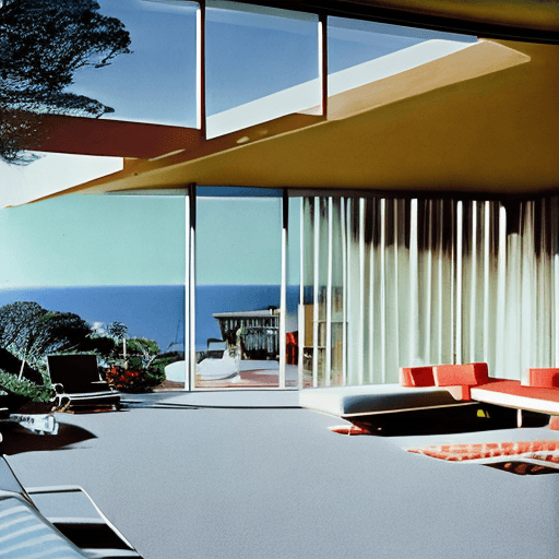 AI generated: Hyper realistic eye level exterior photo of a mid century modern style house overlooking the ocean, ...