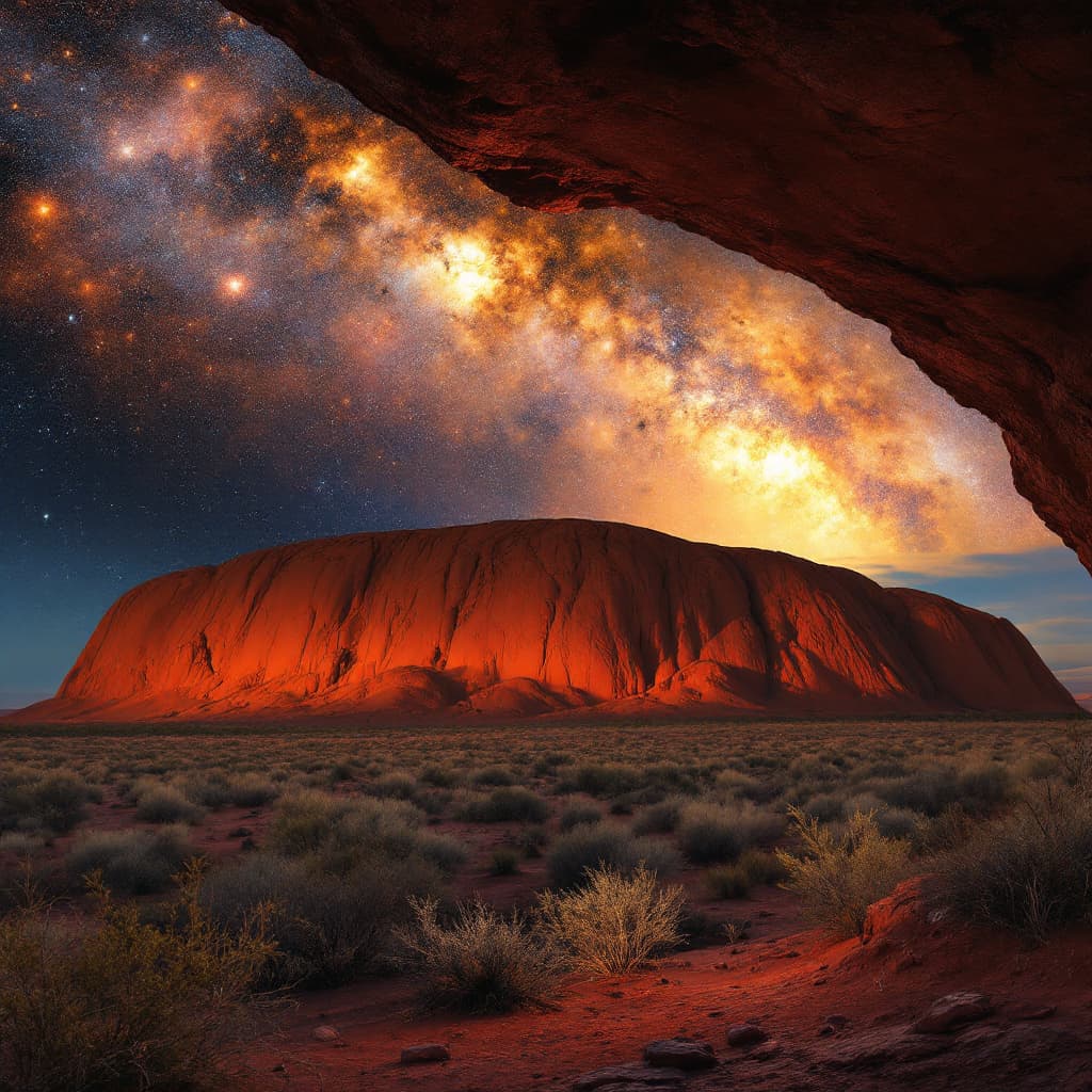 AI generated: uluru, transforming/ morphing into an old man rising to his feet, rock and bushes falling off him, n...