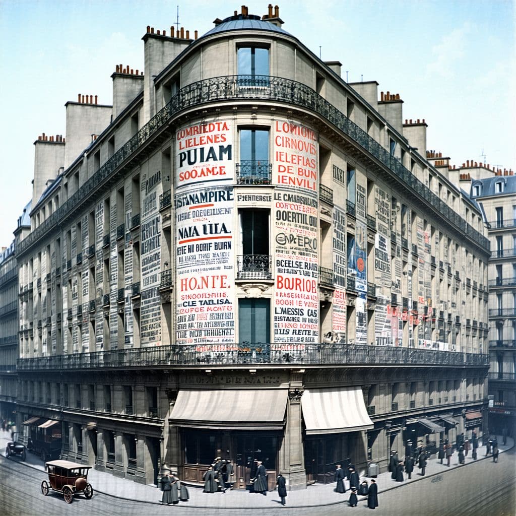 AI generated: Paris 1880, a facade of a building covered by advertising messages