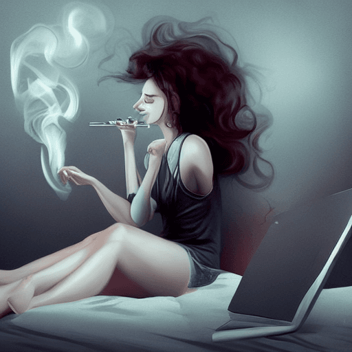AI generated: woman sitting on a bed with a laptop, smoking woman, ,smoking weed, dramatic smoking pose, dreamlike...