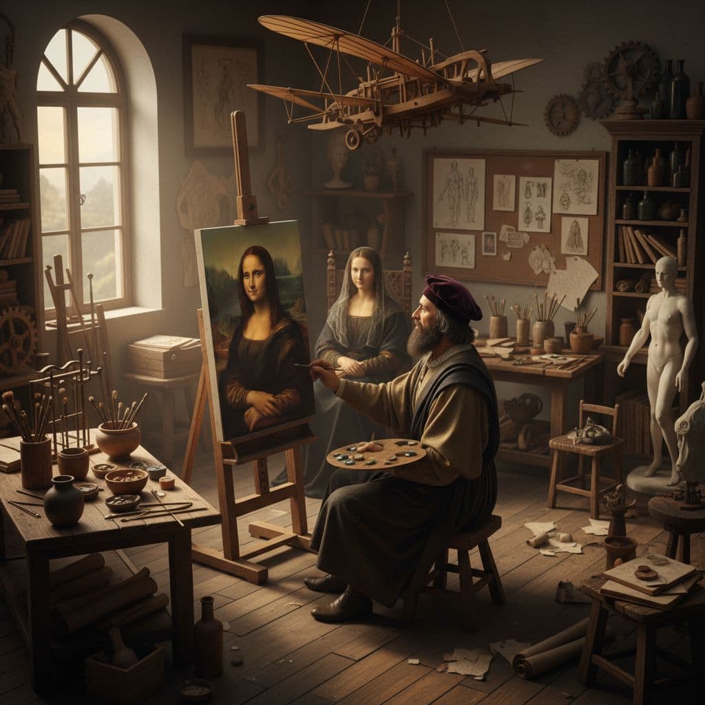 AI generated: Ultra-realistic 3D perspective of Leonardo da Vinci painting the Mona Lisa in his workshop.