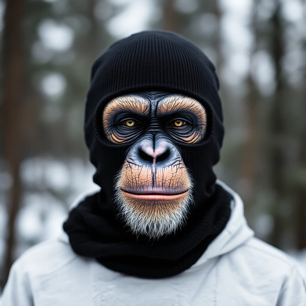 AI generated: a black ribbed knit baklava skimask painted with a chimpanzee face illustration on it. 
canon 50mm 1...