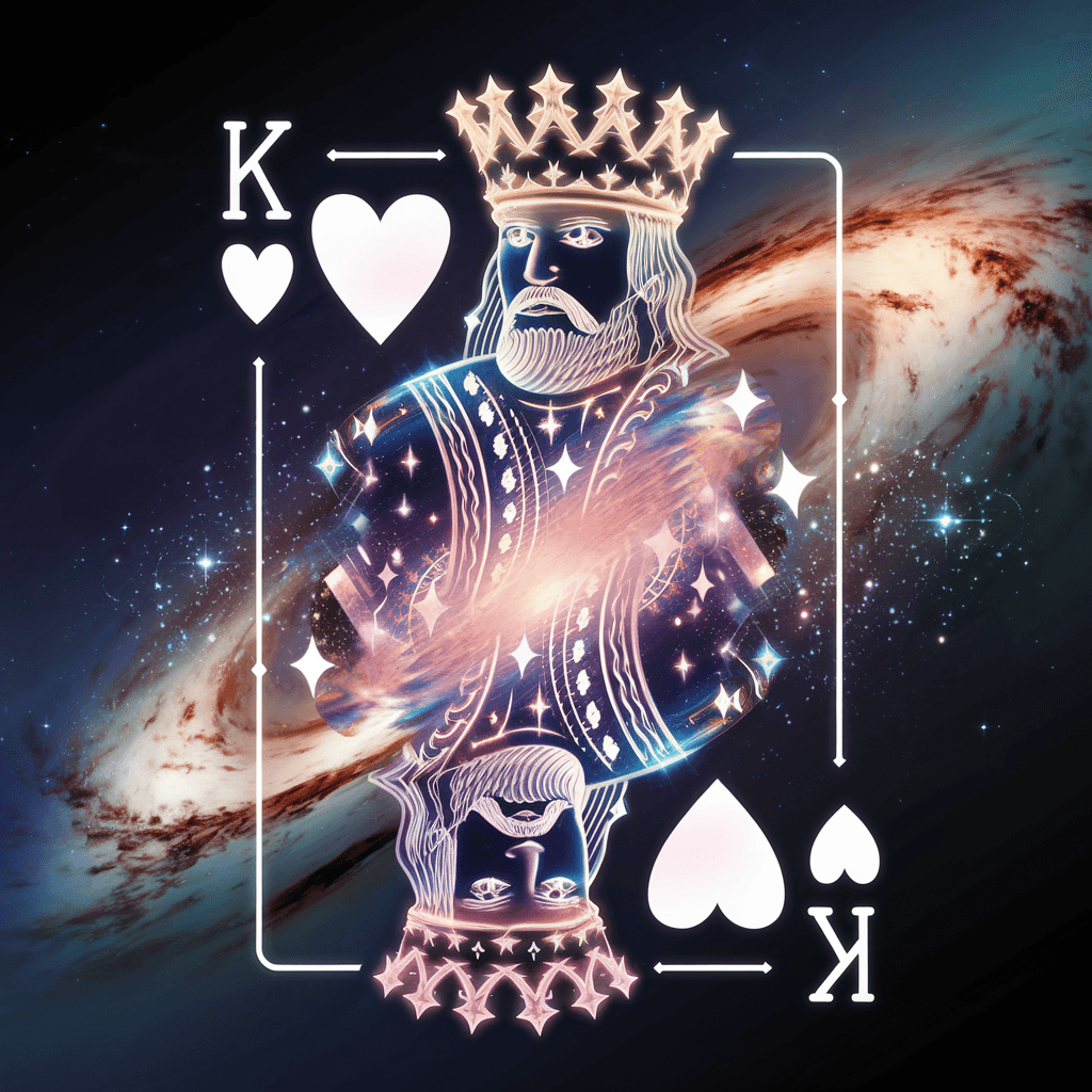 AI generated: The King of Hearts card transforms into a 3D hologram that appears to be made of cosmic energy. As t...