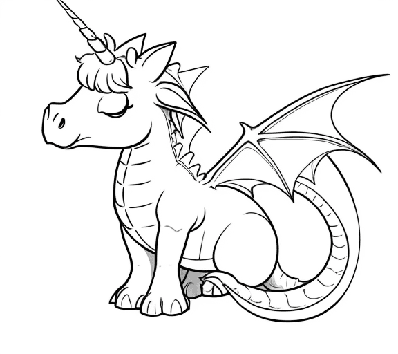 AI generated: cartoon baby dragon with unicorn body only the lines so i can paint it and fit the canvas with white...