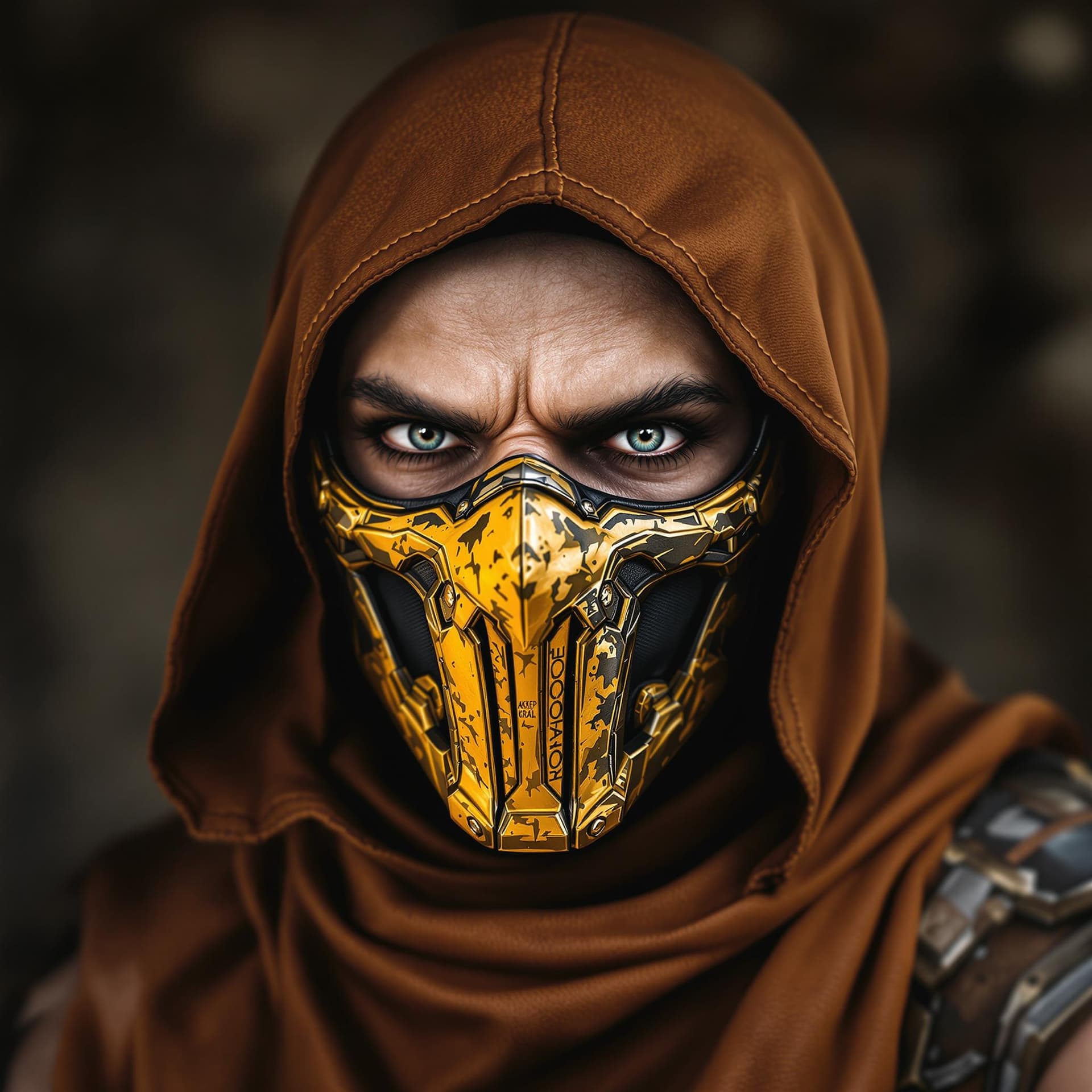 AI generated: Mortal Kombat scorpion Karakterini Buz Mavisi renkte elbise giysin. maskesi altın sarısı yap. Kral t...