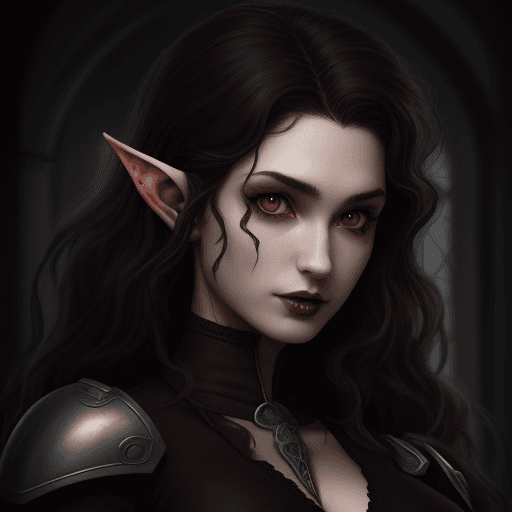 AI generated: dhampir half-elf female surgeon, dark curly hair, realistic, gothic aesthetic