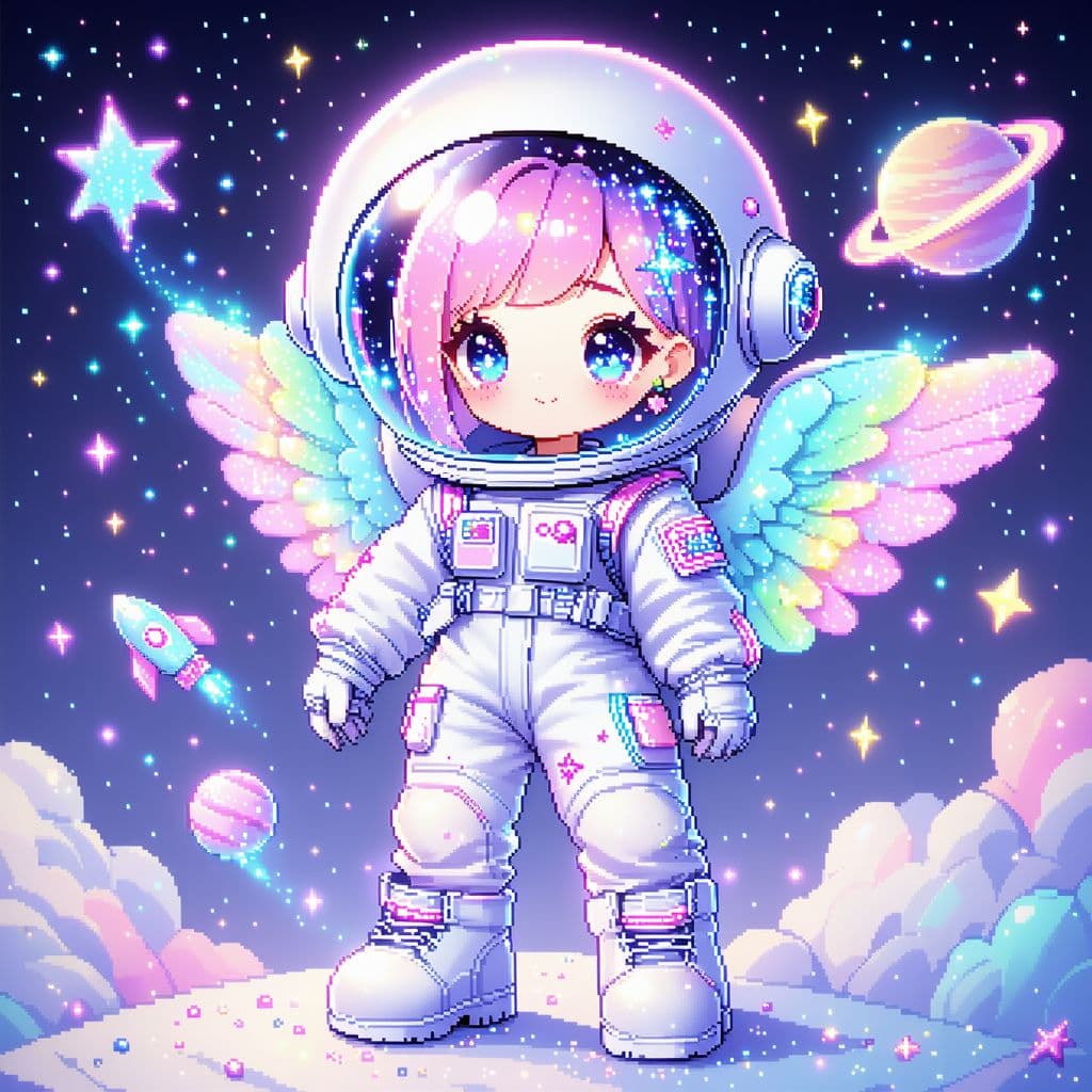 AI generated: A full-body stylized 2D kawaii illustration of a pastel space cadet girl in a holographic bubble hel...