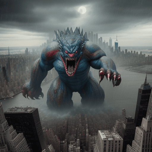 AI generated: giant monster attacking new york city on a rainy day