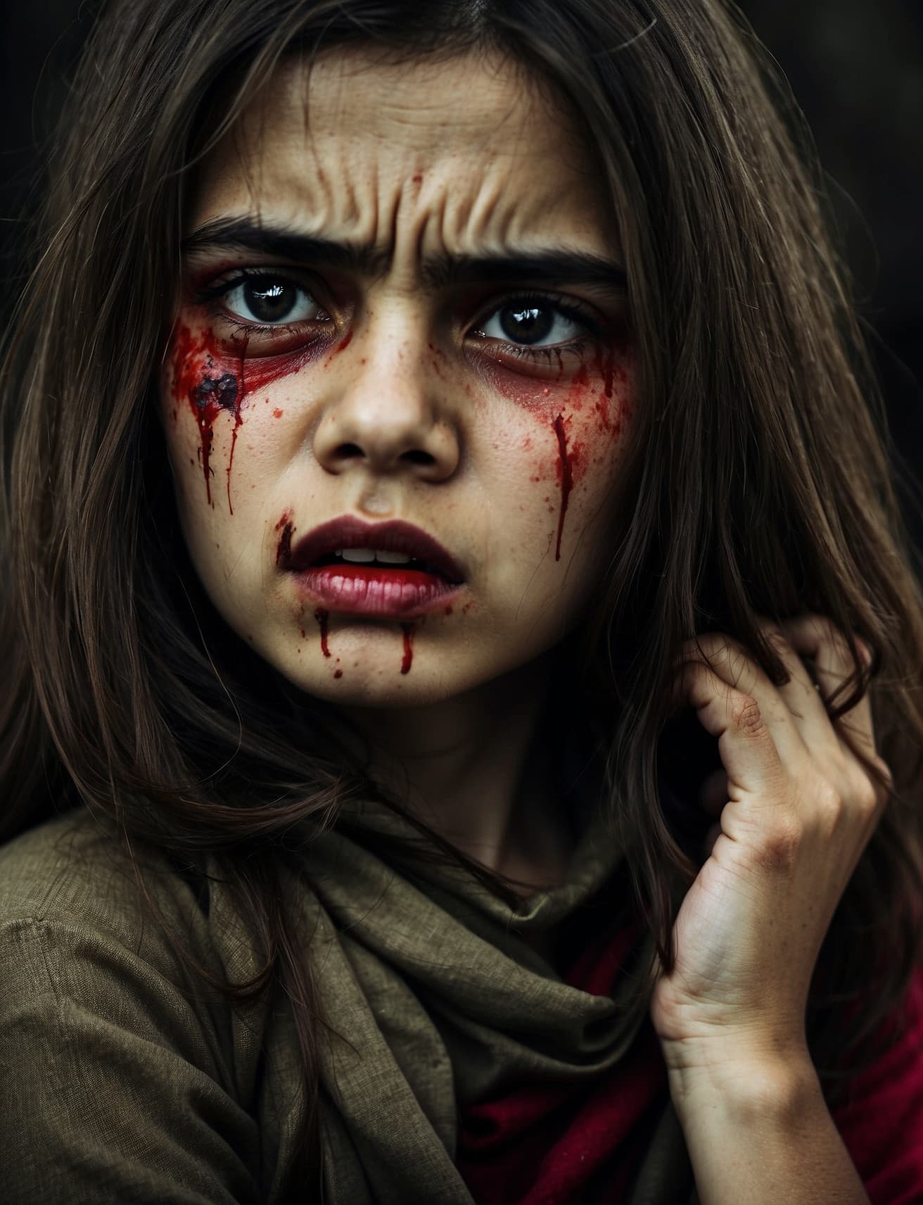 AI generated: "Produce an artistic representation of a waar victim, their eyes filled with fear and despair. The s...
