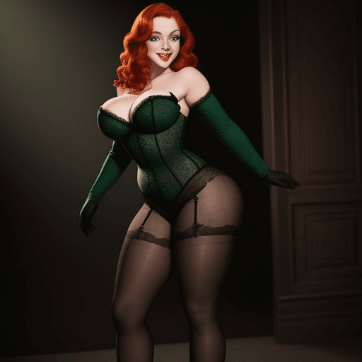 AI generated: full body view of a voluptuous redhead woman with captivating green eyes, from behind, shapely butto...