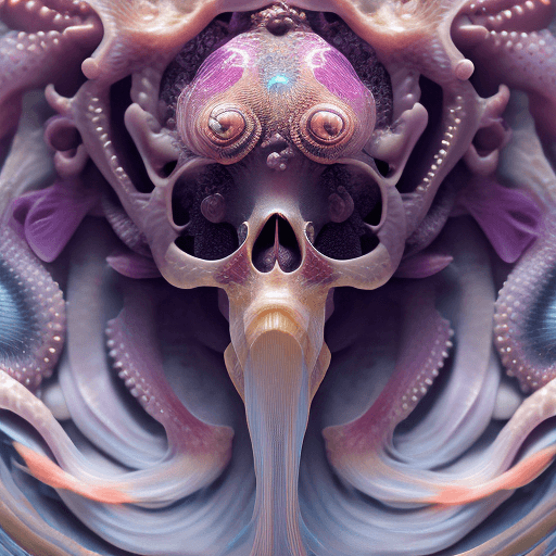 AI generated: Goddess close-up portrait ribcagel. jellyfish phoenix head, nautilus, orchid, skull, betta fish, bio...