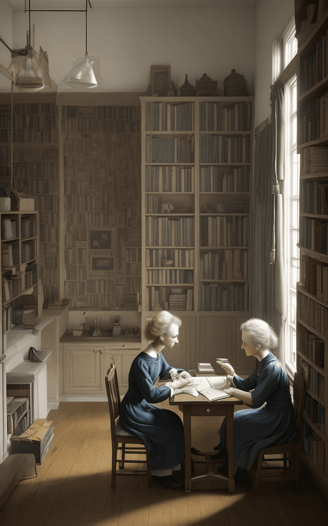 AI generated: Craft a poignant scene between Marie Curie and her sister, Bronislawa. Set it in their shared living...