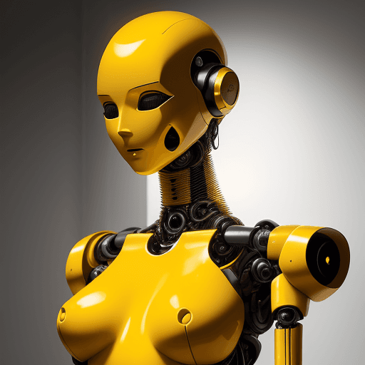 AI generated: Photo of a mannequin with no face, yellow background, robotic, dramatic light, 16k, high quallity