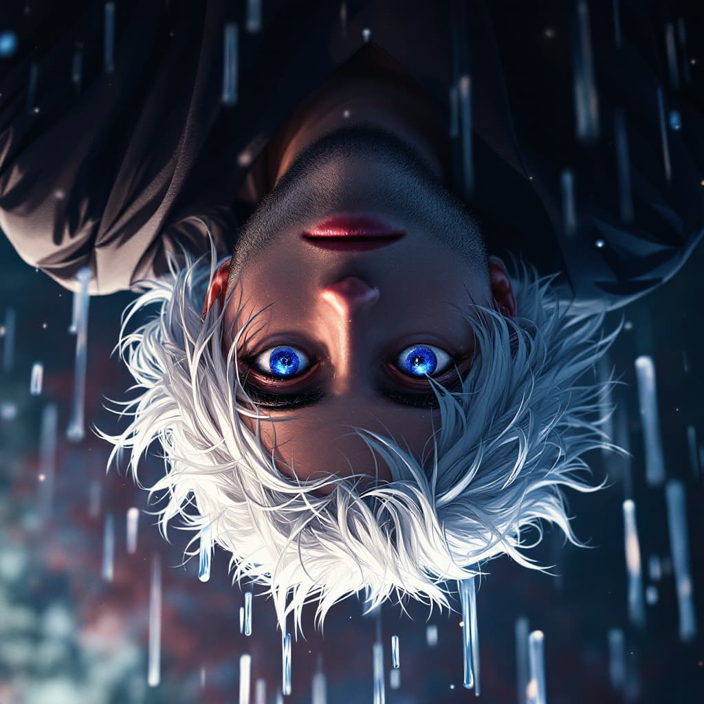 AI generated: Satoru Gojo, Jujutsu Kaisen, Handsome man with white medium length hair,  blue galaxy in his eyes,  ...