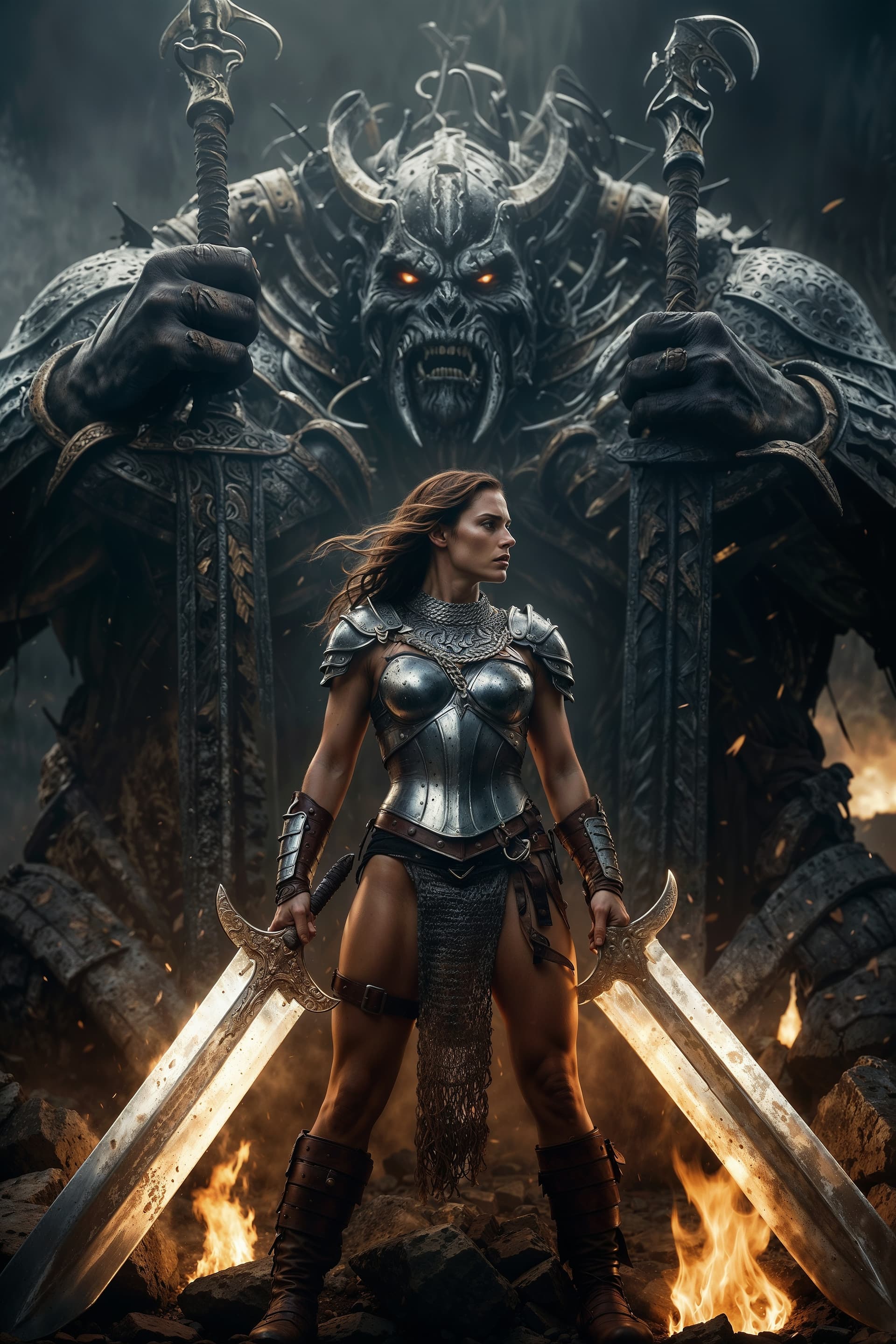 AI generated: In this captivating dark fantasy cinematic photo, a powerful barbarian woman dressed in light chainm...