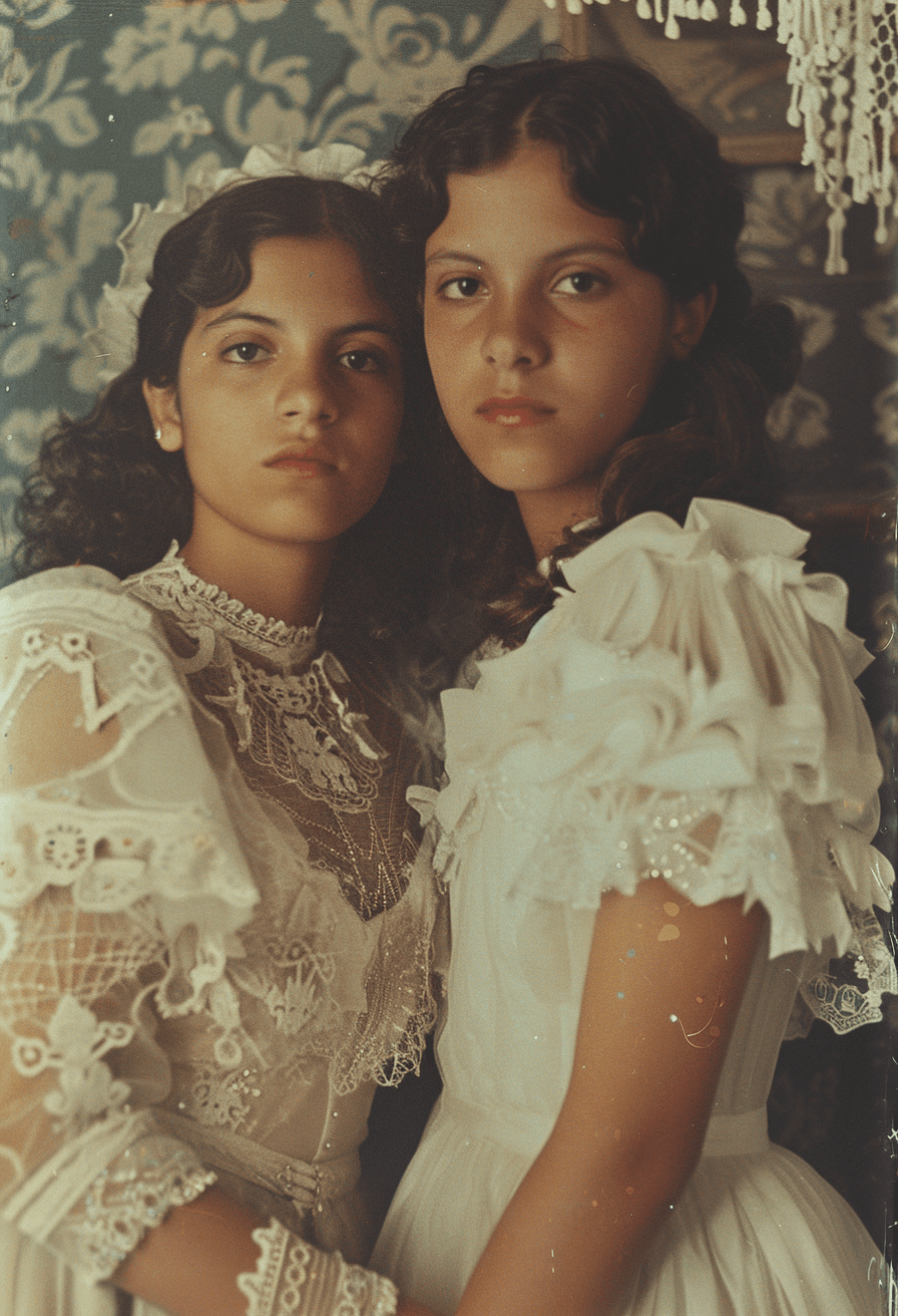 AI generated: an old photo of two women in a white dress, in the style of steempunk, hispanicore, strong facial ex...