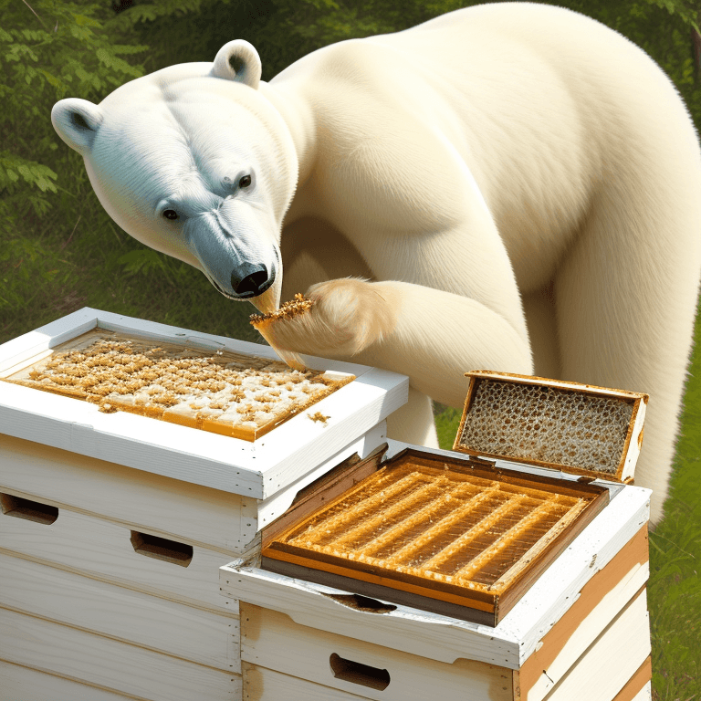AI generated: Polar bear eating honey from bee hive