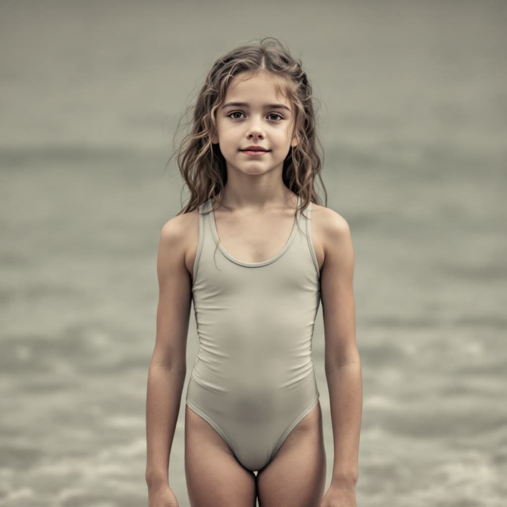 AI generated: a young girl about 14, standing upright in a swimsuit