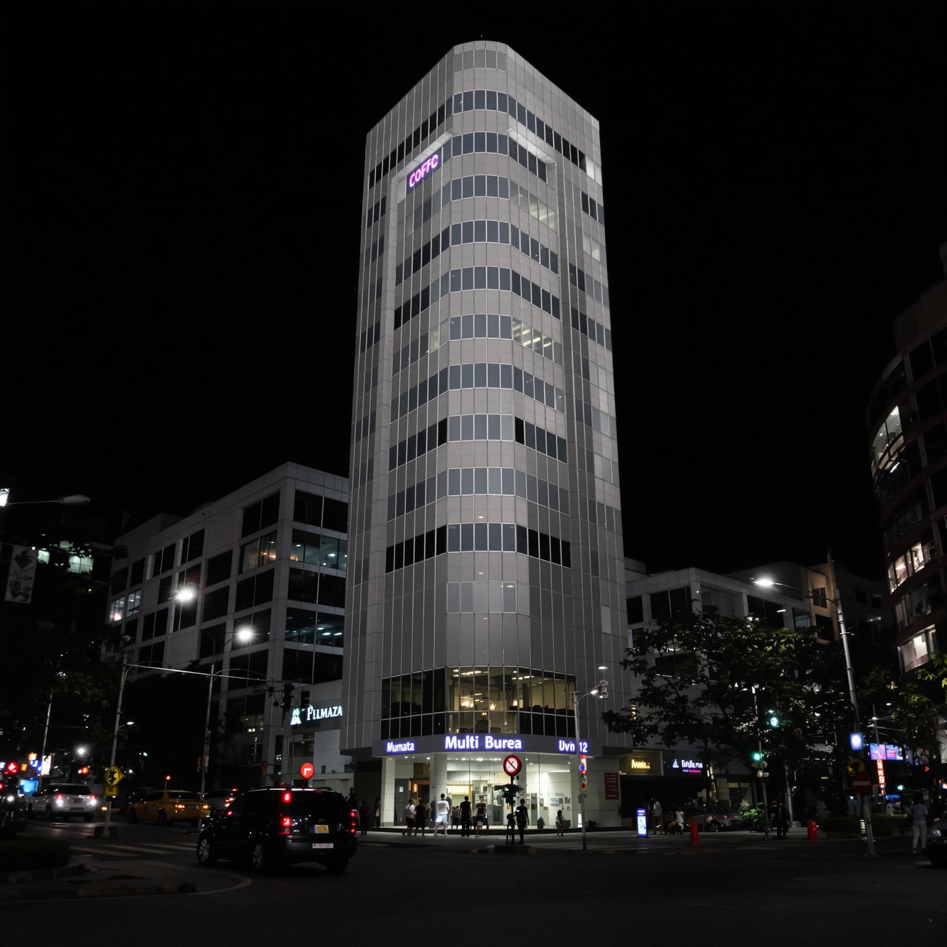 AI generated: From a ground-level perspective, a single office building in Mumbai, India, is centered and very clo...