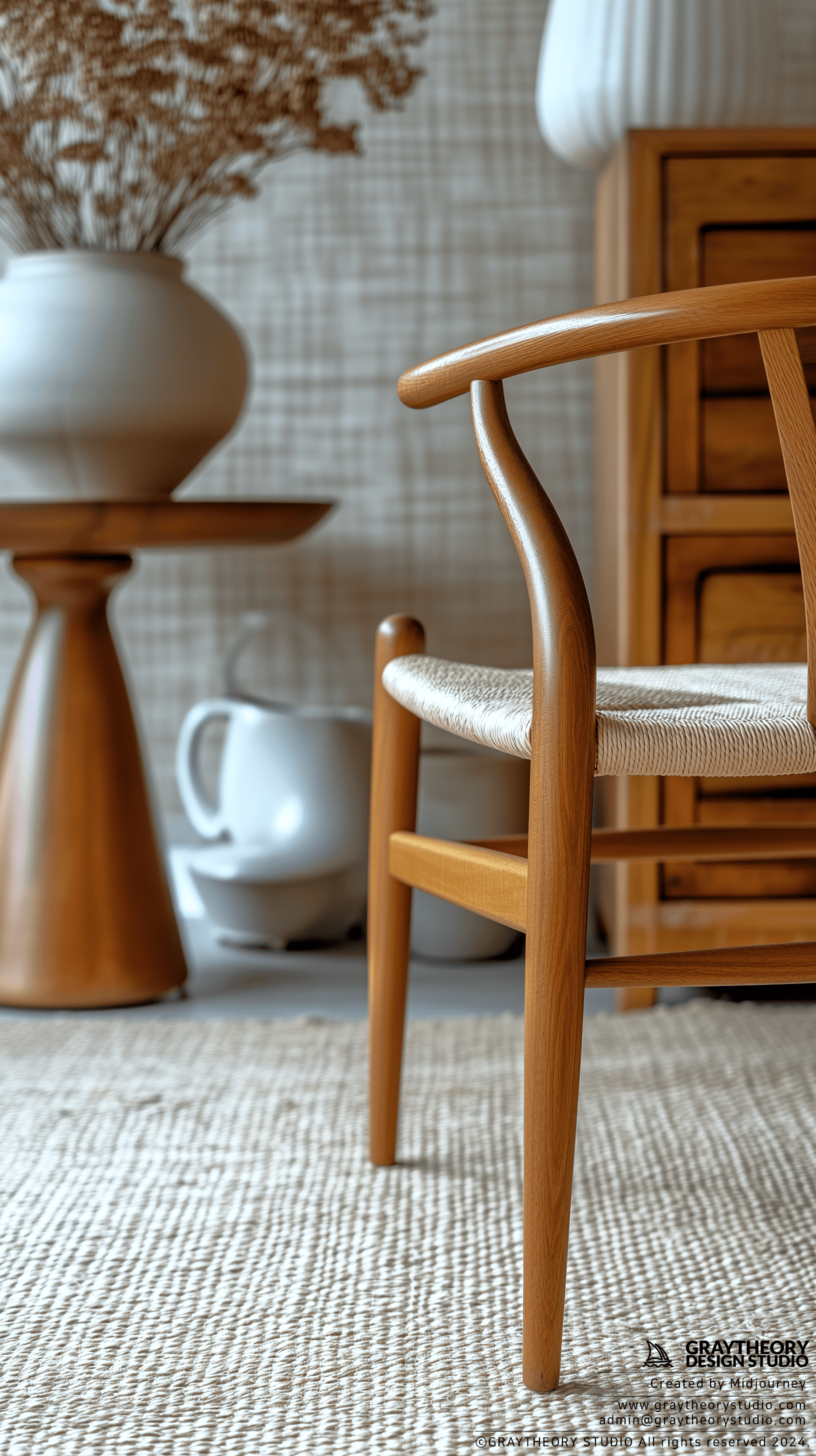 AI generated: photorealistic image showcasing the timeless elegance of the Wegner Wishbone Chair, Leica Q2 with a ...