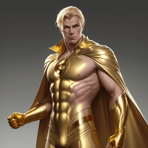 AI generated: male super hero named champion blond hair, no symbol, skin tight gold suit, golden cape, gold gloves...