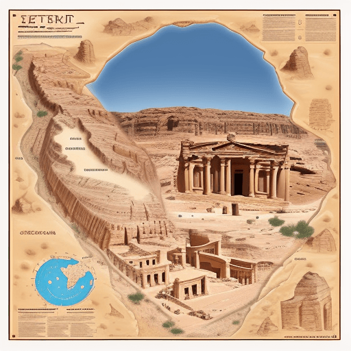 AI generated: Accurate tourist map of petra on jordan, cerca 2023 Style of an age of discovery map, Highlight most...