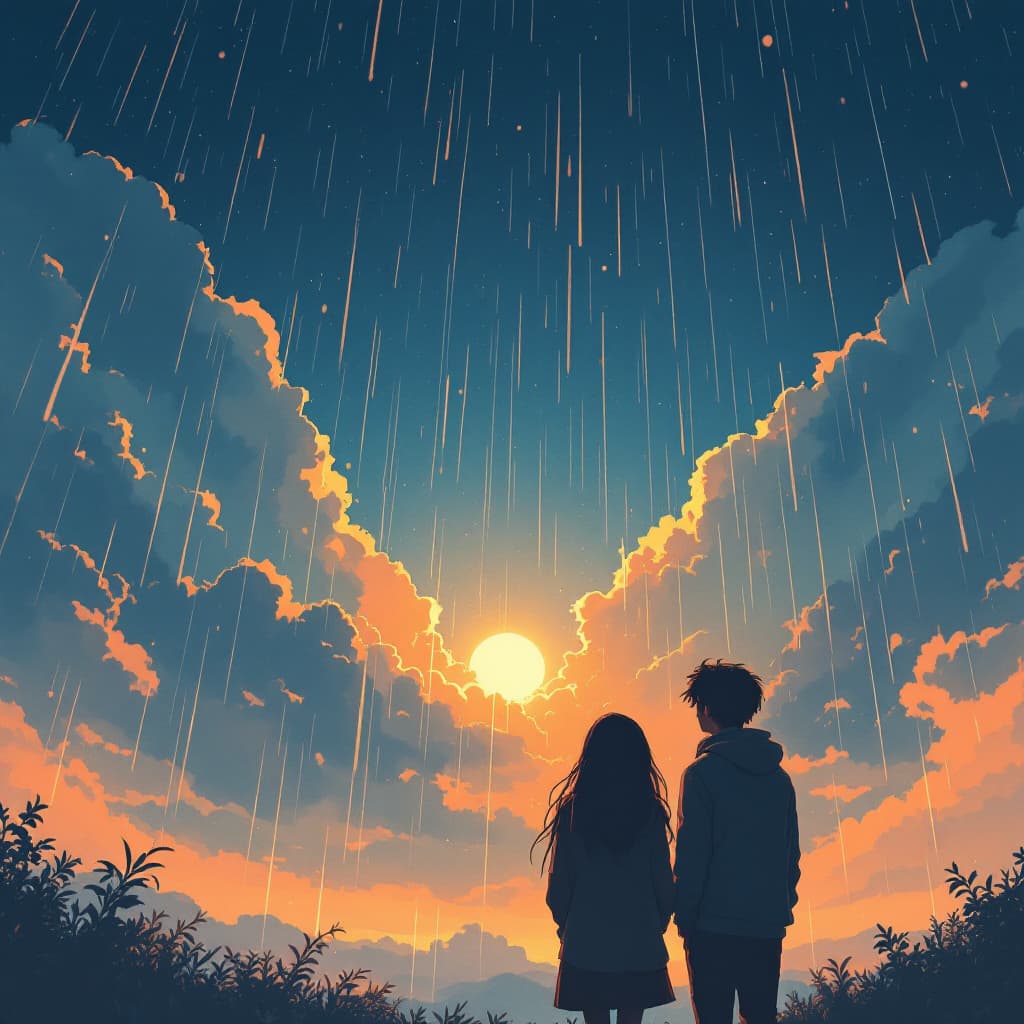 AI generated: create a ghibli art image of a couple looking at the sky while raining with the sun underneath,under...