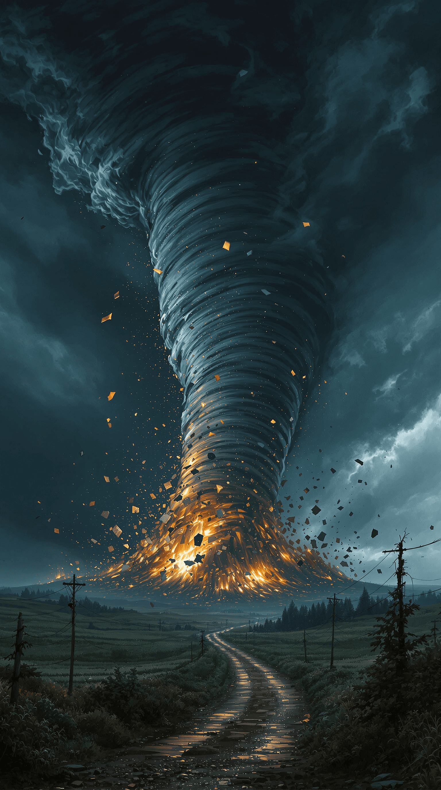 AI generated: a tornado, dark as night, bearing down on the landscape, debris flies through the air, impeccable at...