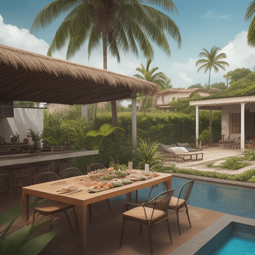 AI generated: un jardin,en el fondo de una casa, al aire libre, en una zona tropical, con parrilla para cocinar ma...