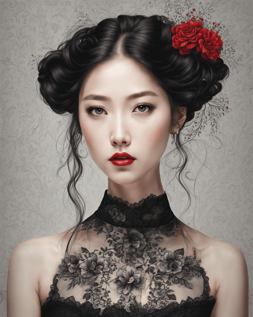 AI generated: masterpiece, perfectly centered, symmetrical, portrait of a American/Korean girl, bare head, highly ...