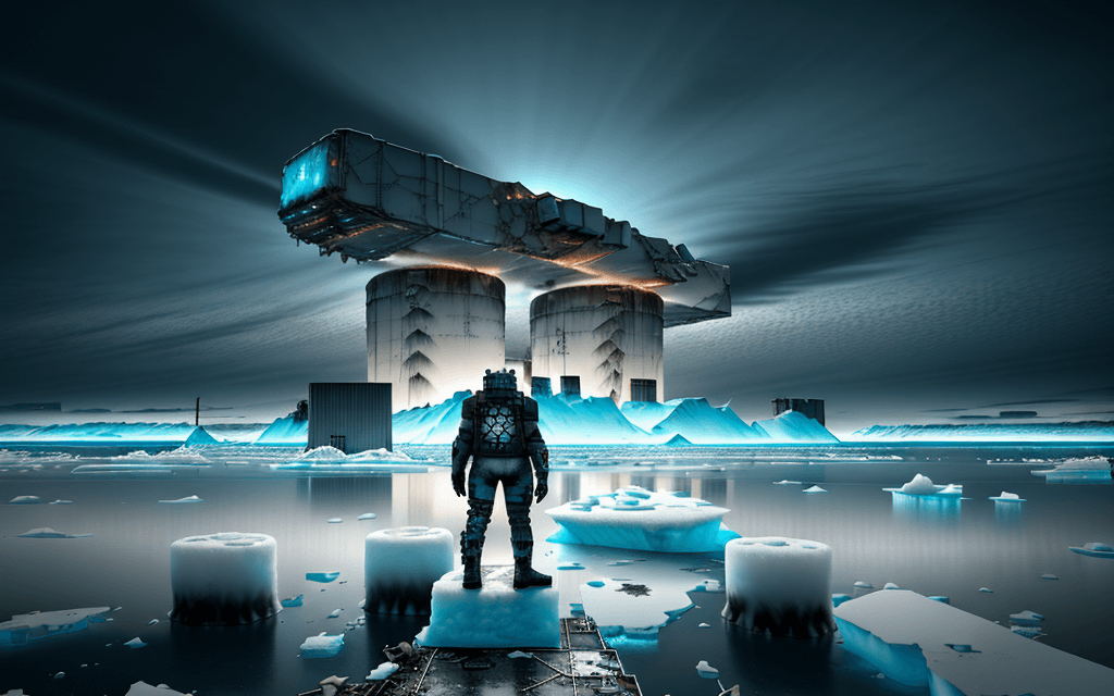 AI generated:  landscape, post-apocalyptic, cyberpunk polar bear, standing on a floating iceberg, in front of the ...