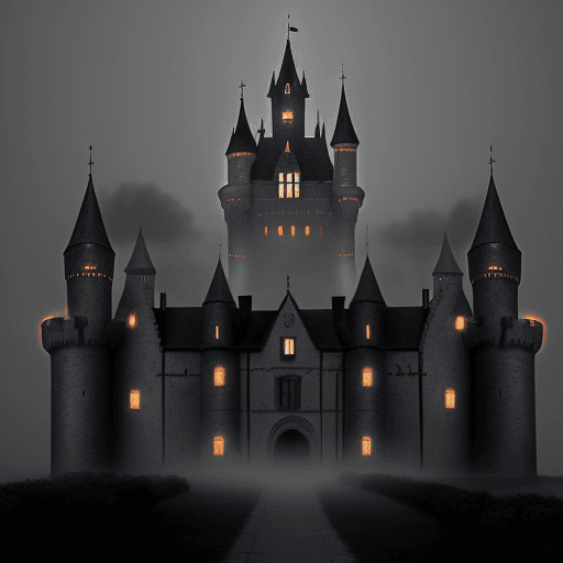AI generated: 
this is a cover for a quinceanera, it shows a healthy castle, fog, dark colors, black. The castle h...