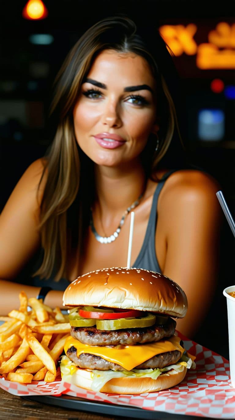 AI generated: close up of a cheeseburger and French fries on a table in a restaurant, a woman in the background we...