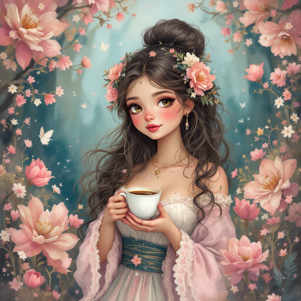 AI generated: Prompt Shabby chic dreamy glowums pastel woodland freckled fairygirl swirling magical fairytale abst...