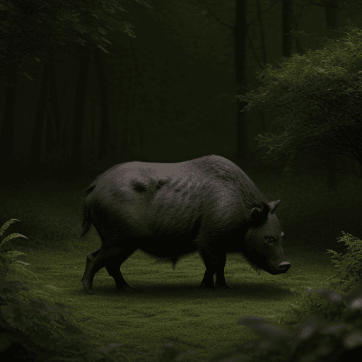 AI generated: A black - brown Boar,in a cloudy dark-green forest,among bluish bushes,realistic photo,8k.
