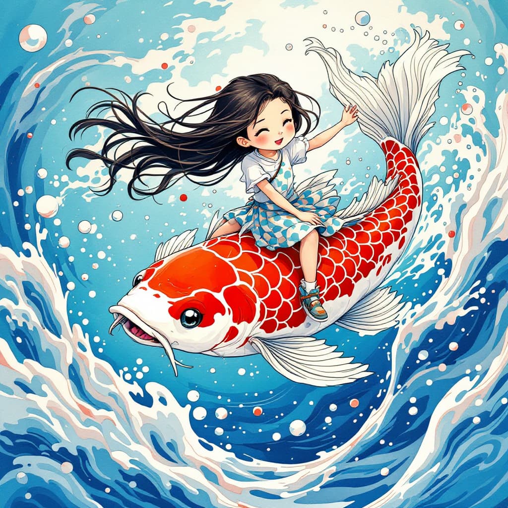 AI generated: a cartoon of a girl riding a koi fish, in the style of he jiaying, comic/cartoon, ocean academia, ca...