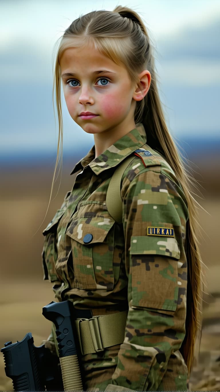 AI generated: A photo realistic of a exceptionally beautiful Ukrainian tween girl, long hair, in a pony tail, dres...