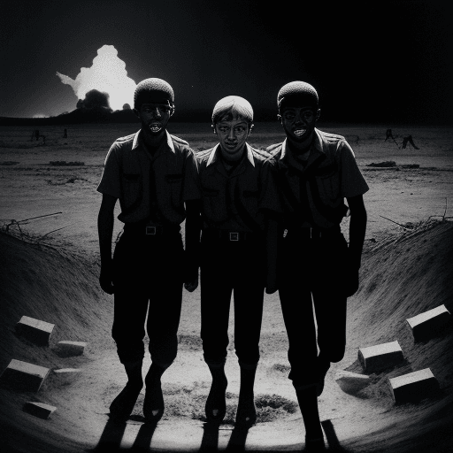 AI generated: Young enough to believe nothing
will change them, they step, hand-in-hand,

into the bomb crater. Th...