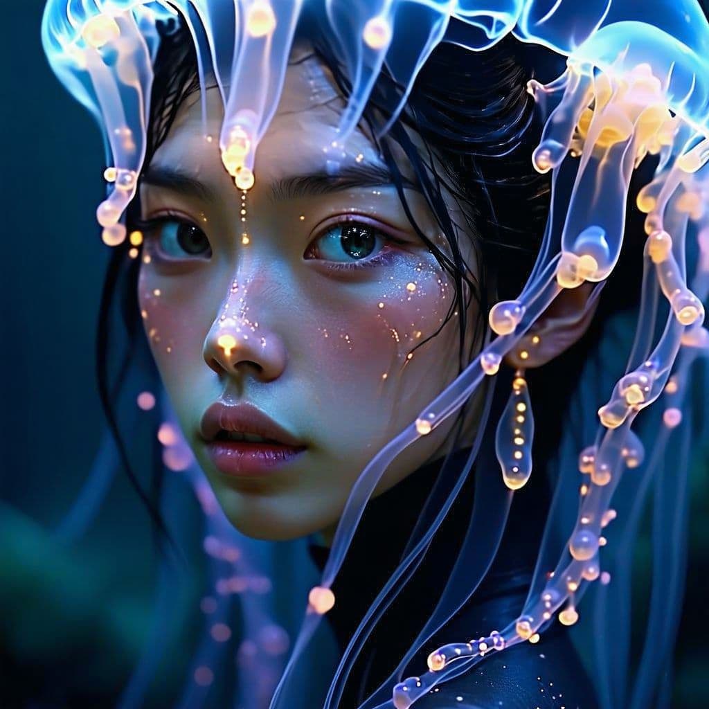 AI generated: oceanic preety Goddess close-up portrait ribcagel. jellyfish phoenix head, nautilus, betta fish, bio...