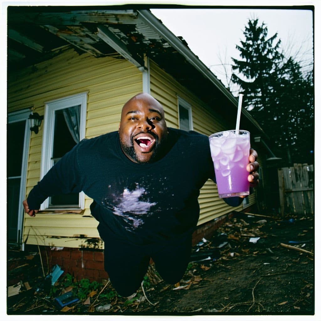 AI generated: grainy 80's photograph quality polaroid of big fat bald elated black man floating in the air with a ...