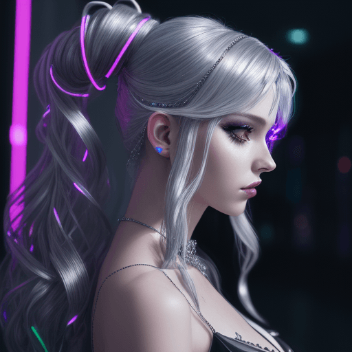 AI generated: A pretty partygoer lady with fancy party attire, silver colored long hair, cyberpunk, party lights, ...